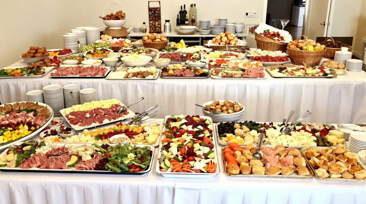 Vaste quantité buffet froid pour 60 personnes : charcuteries, fromages, crudités, fruits et pains.