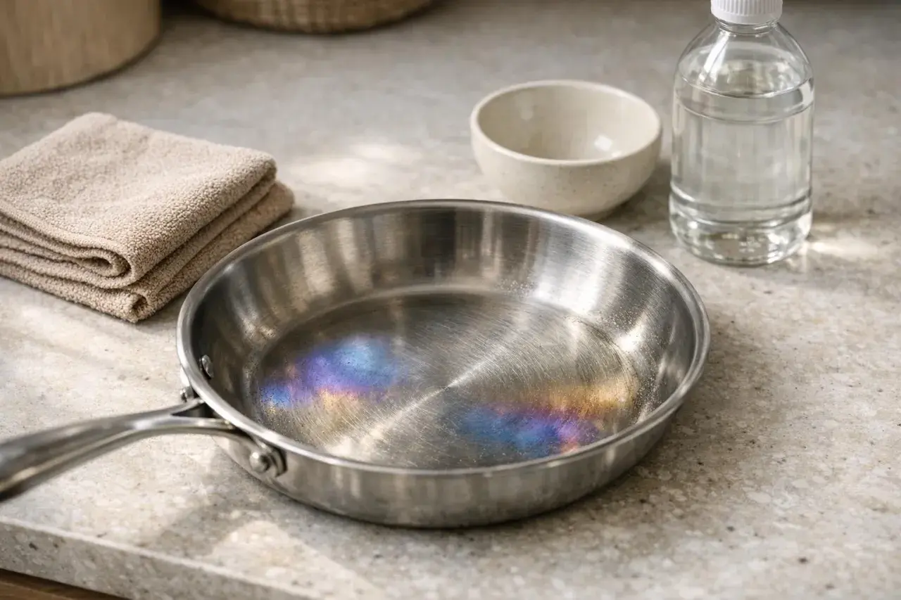 Casserole inox aux reflets irisés, comme des taches bleues, prête pour un nettoyage. À côté, une serviette pliée et un petit bol.