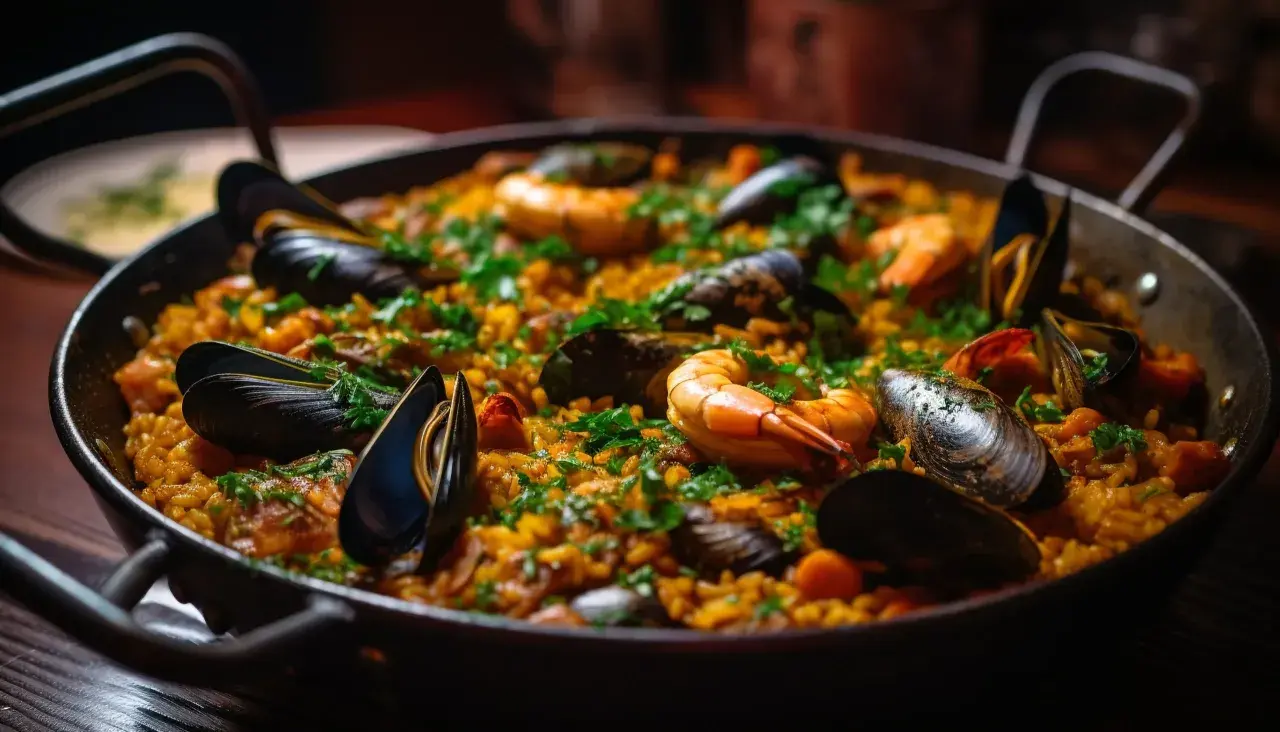 Un plat de paella aux fruits de mer, garni de moules et de crevettes, prêt à être dégusté avec un verre de vin rouge.