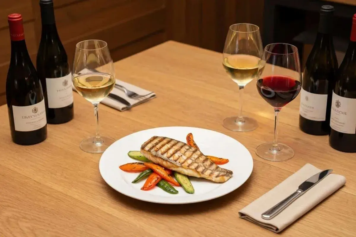 Un plat de bar grillé avec des légumes, accompagné d'un verre de vin rouge. Quel vin rouge avec du bar ? Ce plat invite à la dégustation.