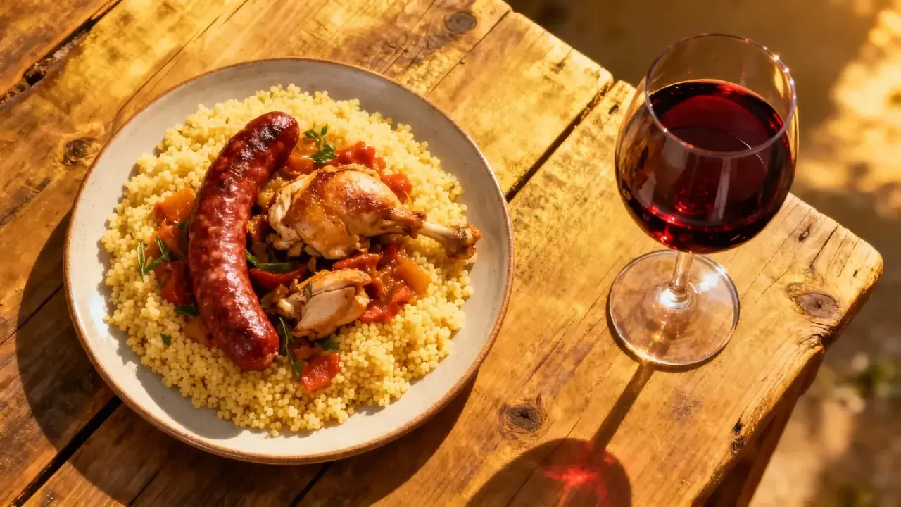 Un verre de vin rouge accompagne un plat de couscous avec poulet et merguez. Parfait pour un repas ensoleillé.