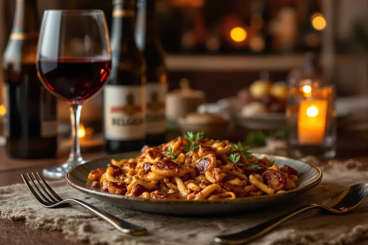 Un plat de pâtes savoureux, garni de persil, avec un verre de vin rouge. Idéal pour accompagner votre carbonade flamande.