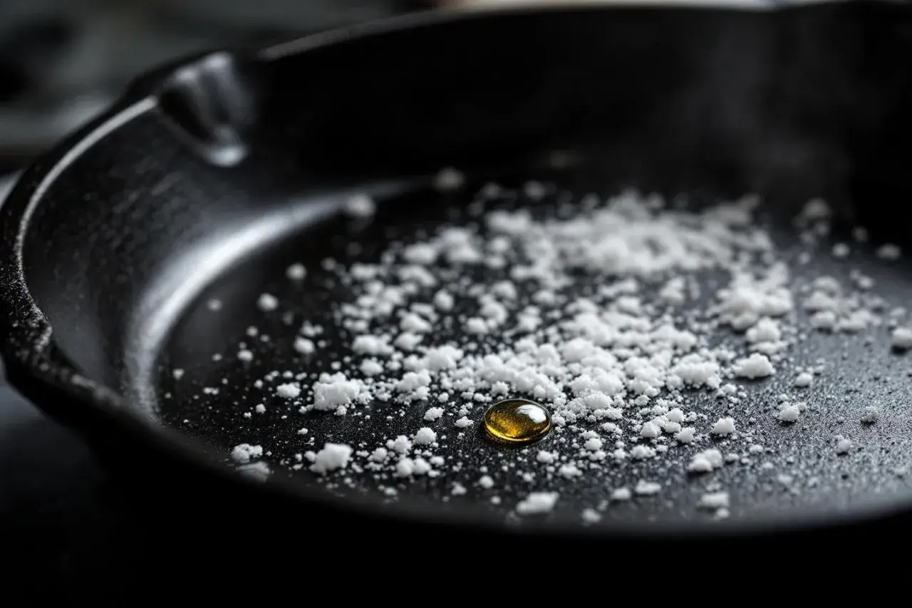 Une cocotte brulée, avec une goutte d'huile dorée au milieu d'une poudre blanche.