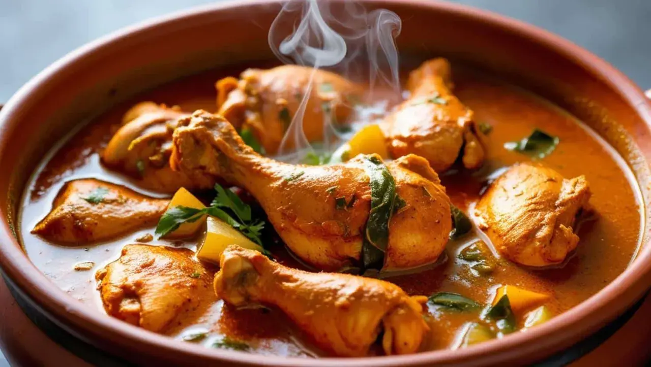Un plat fumant de colombo de poulet, avec des morceaux de poulet dorés et des pommes de terre dans une sauce épicée.