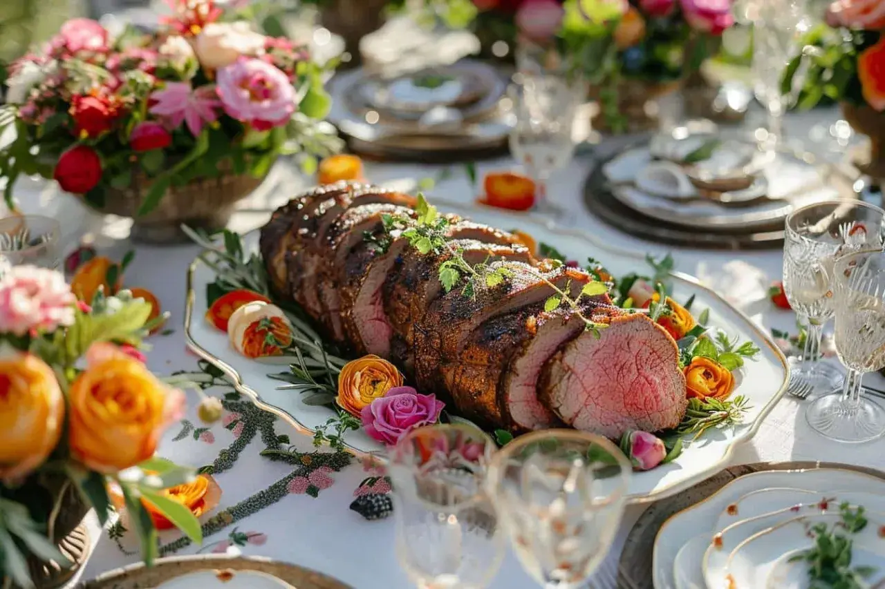 Un rôti de bœuf tranché, garni d'herbes, sur un plat élégant, entouré de fleurs colorées. Une belle idée menu de mariage chic pour un repas festif.