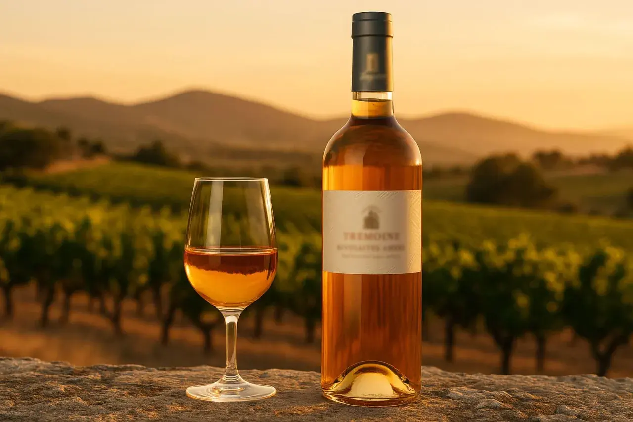 Verre et bouteille de Rivesaltes rosé sur un muret, avec des vignes et des collines au coucher du soleil.