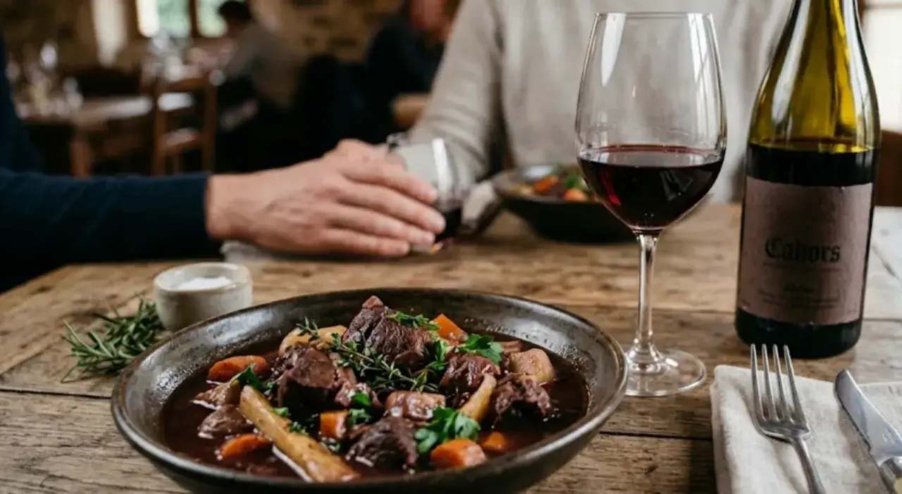 Un plat de sanglier en sauce, garni d'herbes et de légumes, servi avec un verre de vin rouge Cahors. Quel vin avec sanglier en sauce ? Ce Cahors est parfait.