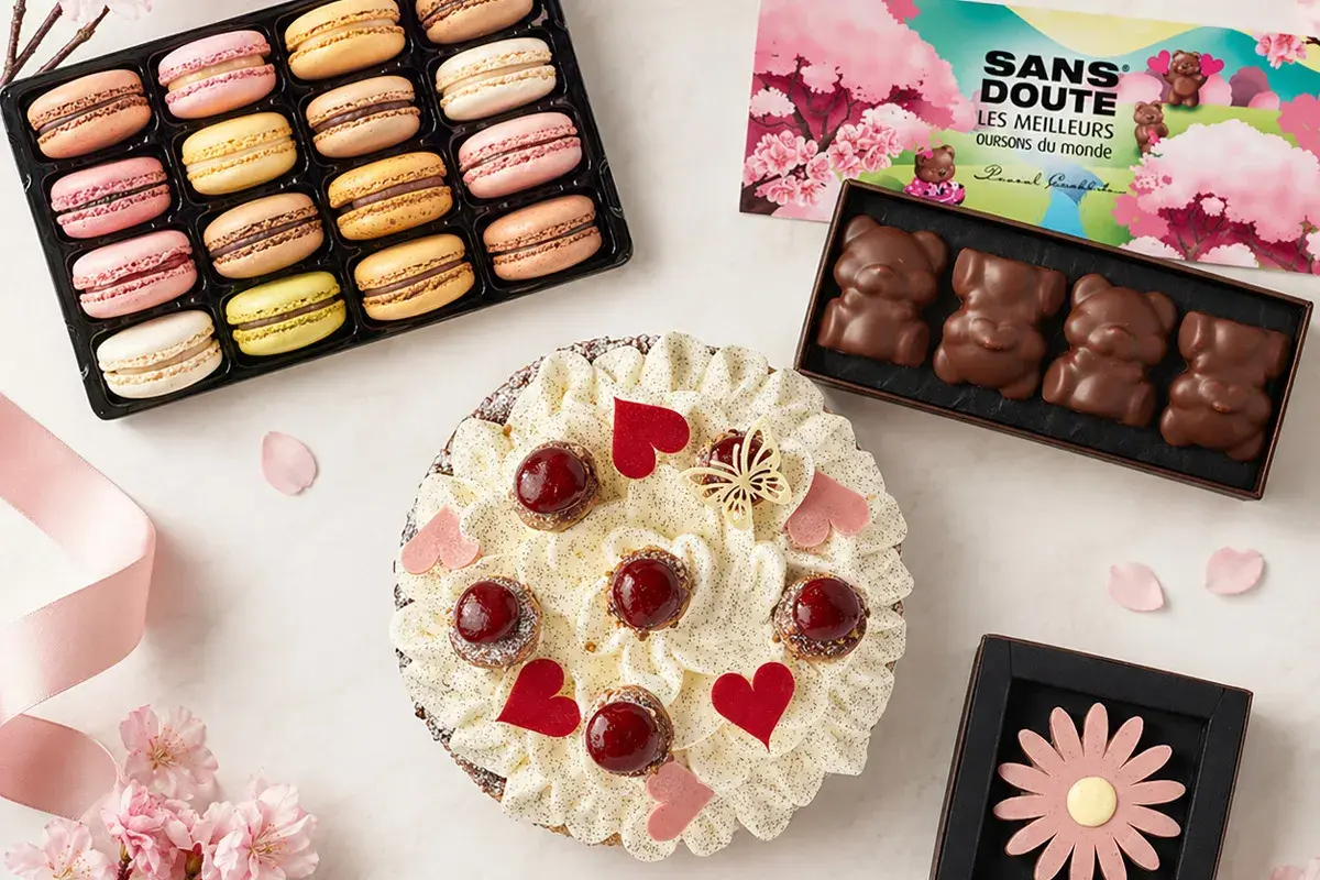 Un délicieux dessert pour la fête des grands-mères : une tarte garnie de fruits rouges et de crème, accompagnée de macarons colorés et de chocolats en forme d'oursons.