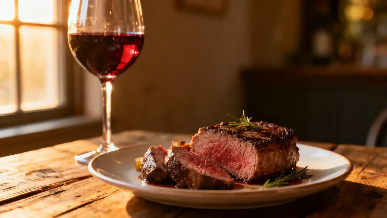Une succulente entrecôte saignante, garnie de romarin, accompagnée d'un verre de vin rouge, le tout baignant dans la lumière du soleil.