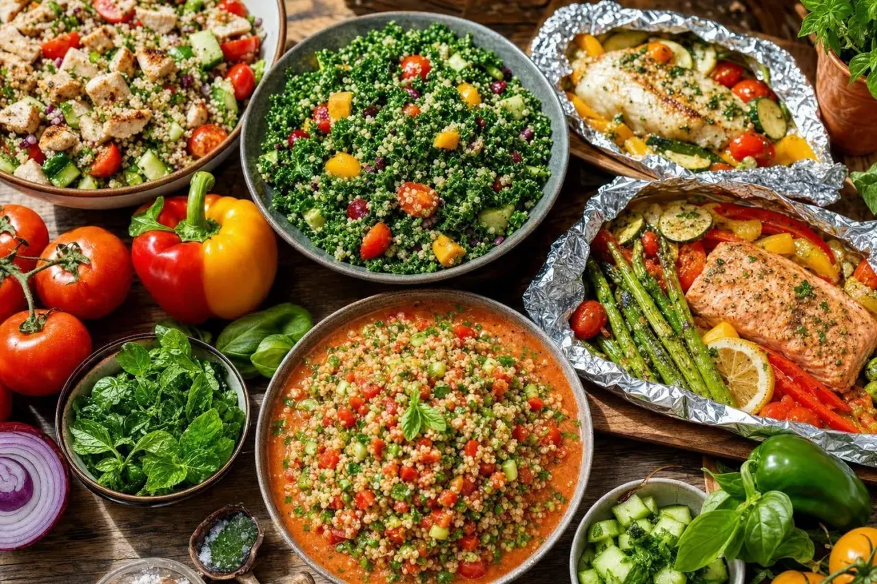 Un festin coloré pour le repas du week-end : salades de quinoa, poisson et saumon en papillote avec légumes croquants.