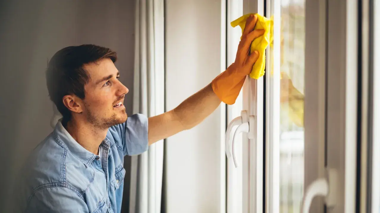 Un homme souriant nettoie une fenêtre en aluminium blanc avec un chiffon jaune.