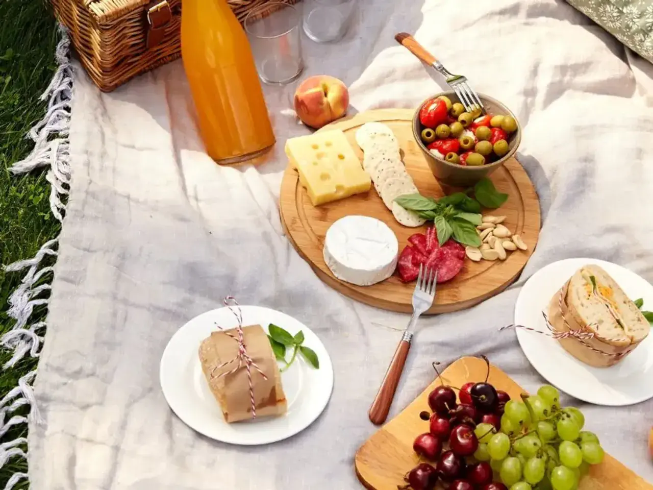 Idée de que prendre pour un picnic entre amis : plateau de fromages, charcuterie, olives, fruits, sandwichs et jus.