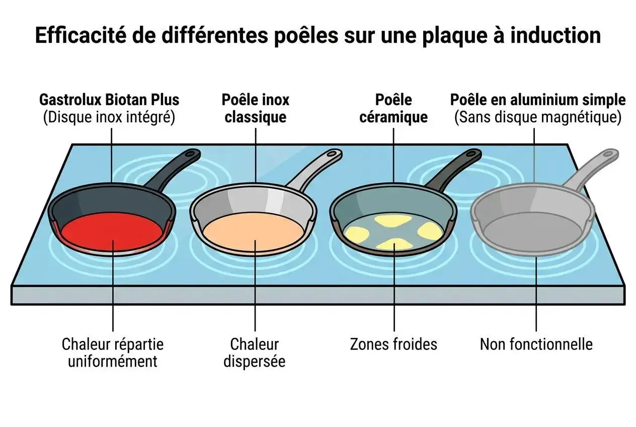 Comment choisir une poêle : illustration montrant l'efficacité de différentes poêles sur plaque à induction, avec une poêle Gastrolux Biotan Plus à chaleur uniforme.