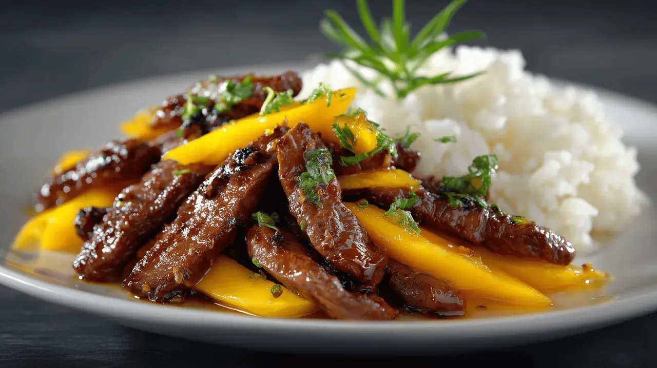 Aiguillettes de canard sauce aigre-douce avec mangue et riz blanc. Quel accompagnement avec des aiguillettes de canard ? Le riz et la mangue sont parfaits !