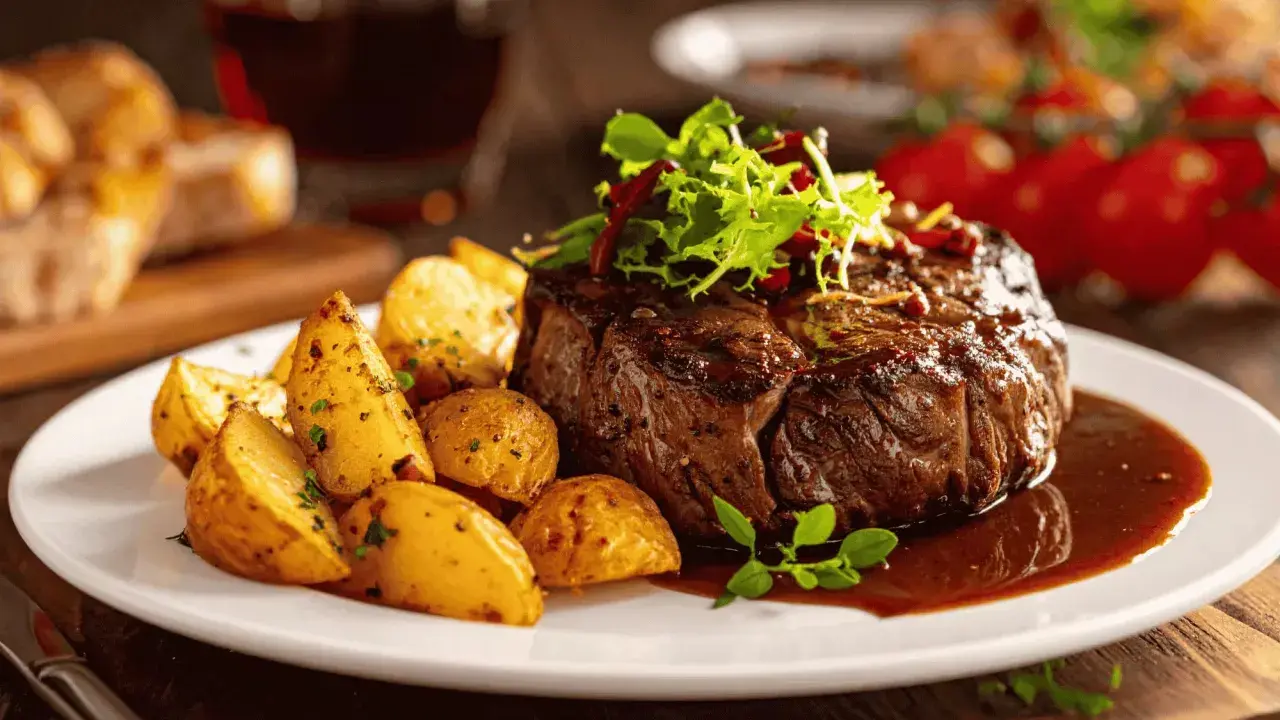 Un succulent filet mignon rosé, accompagné de pommes de terre rôties et d'une sauce riche, prêt à être dégusté.