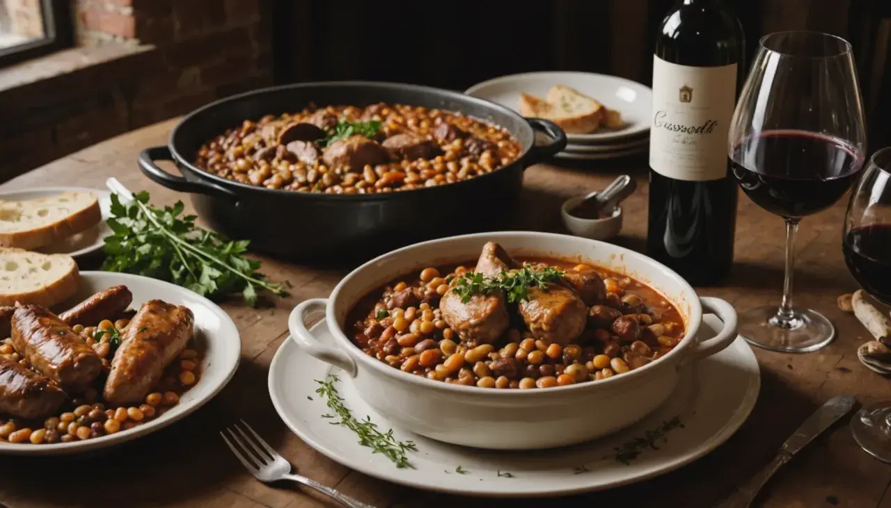 Un réconfortant cassoulet, garni de saucisses et de morceaux de viande, accompagné d'un verre de vin de Bordeaux.