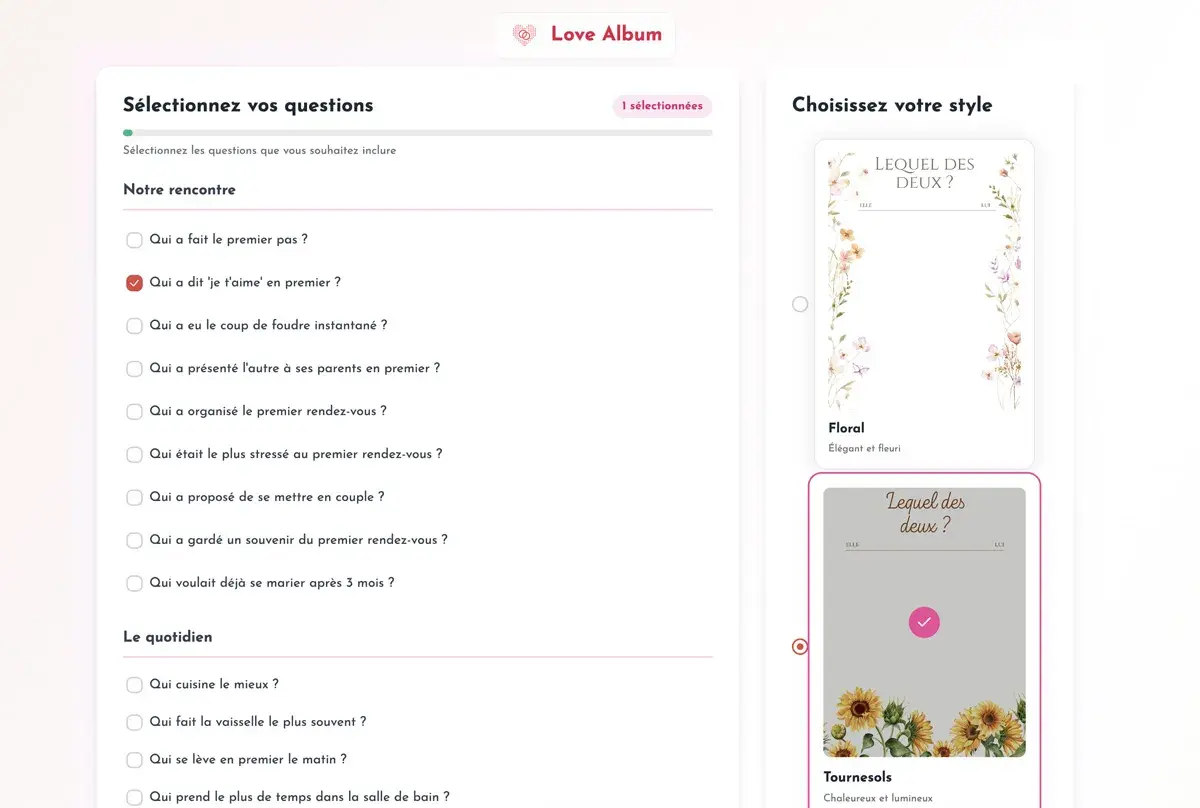 Interface de sélection de questions pour un questionnaire destiné aux futurs mariés, avec des options comme "Qui a dit 'je t'aime' en premier ?" et des styles de design.