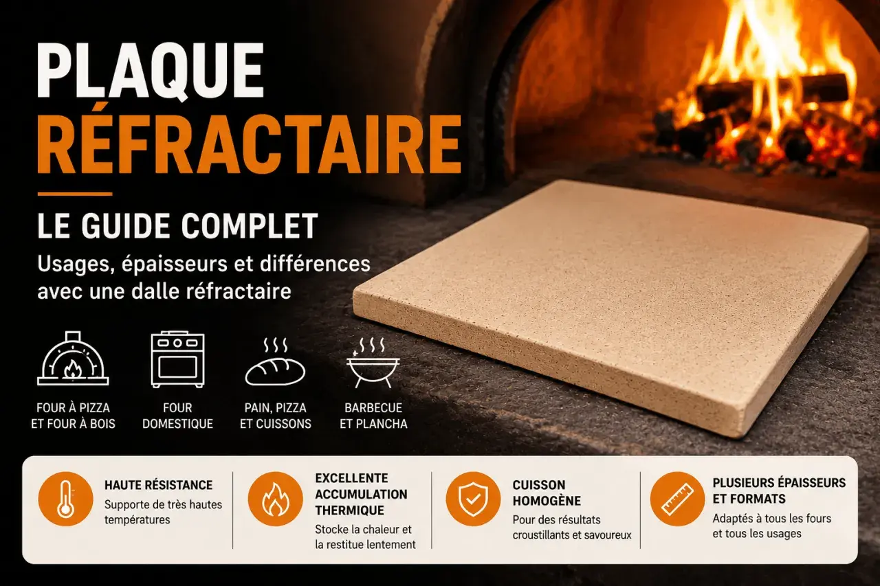 Plaque réfractaire carrée devant un four à bois en feu. Idéale pour le plat pour four à bois, elle assure une cuisson homogène.