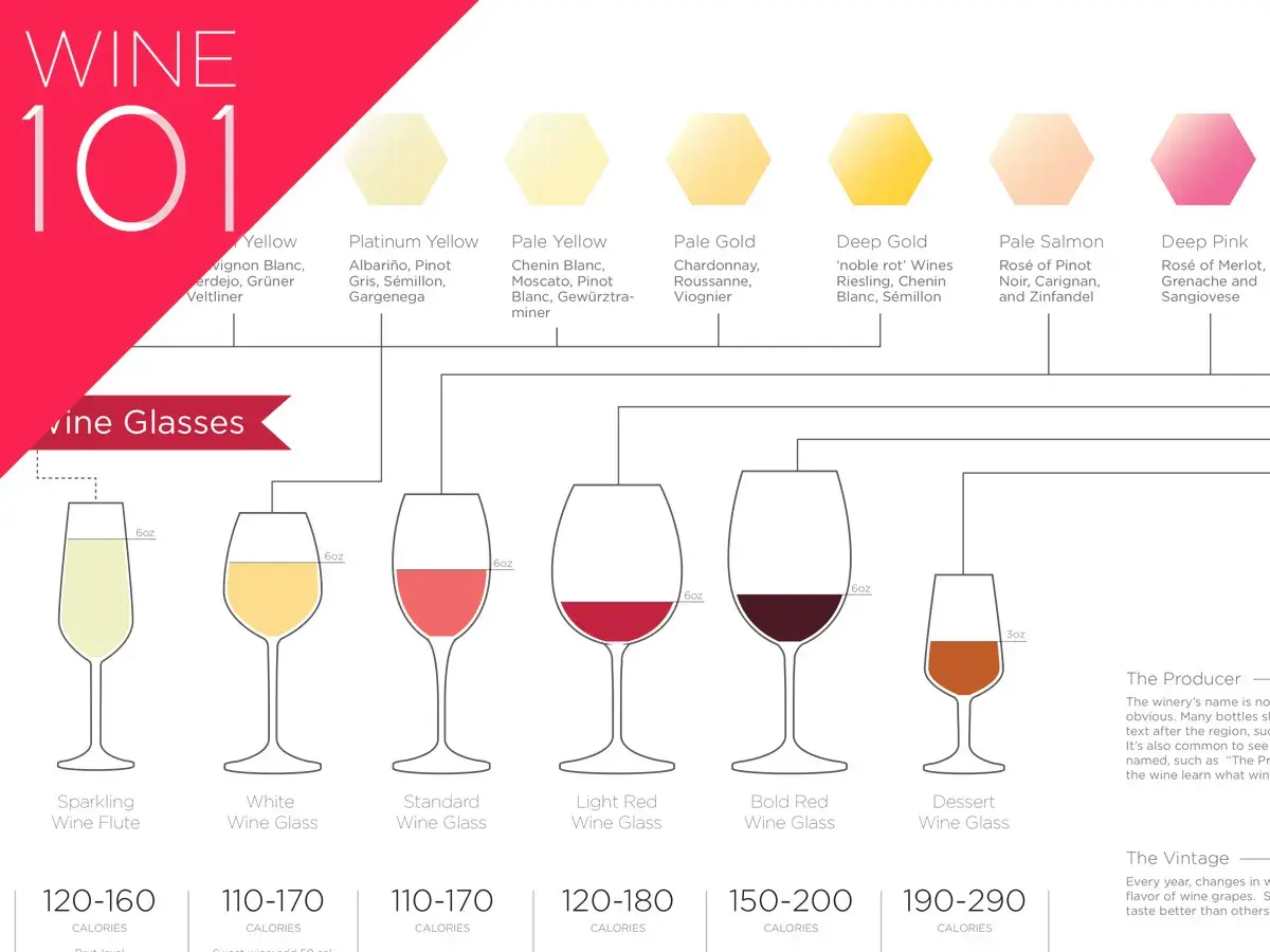 Un tableau millésime vin illustre les couleurs des vins blancs, rosés et rouges, associées à des verres et des calories.