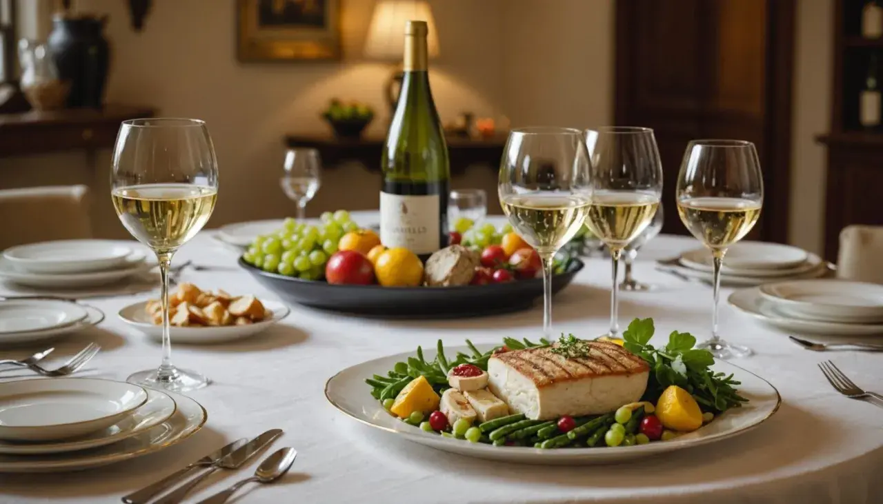 Un repas élégant avec du chablis et du foie gras, accompagné de fruits frais et d'un plat de poisson grillé.
