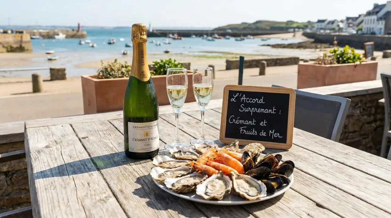 Bouteille de Crémant d'Alsace, deux verres, et une assiette de fruits de mer sur une table en bois, avec vue sur un port. Parfait avec une touche de vin blanc citron.