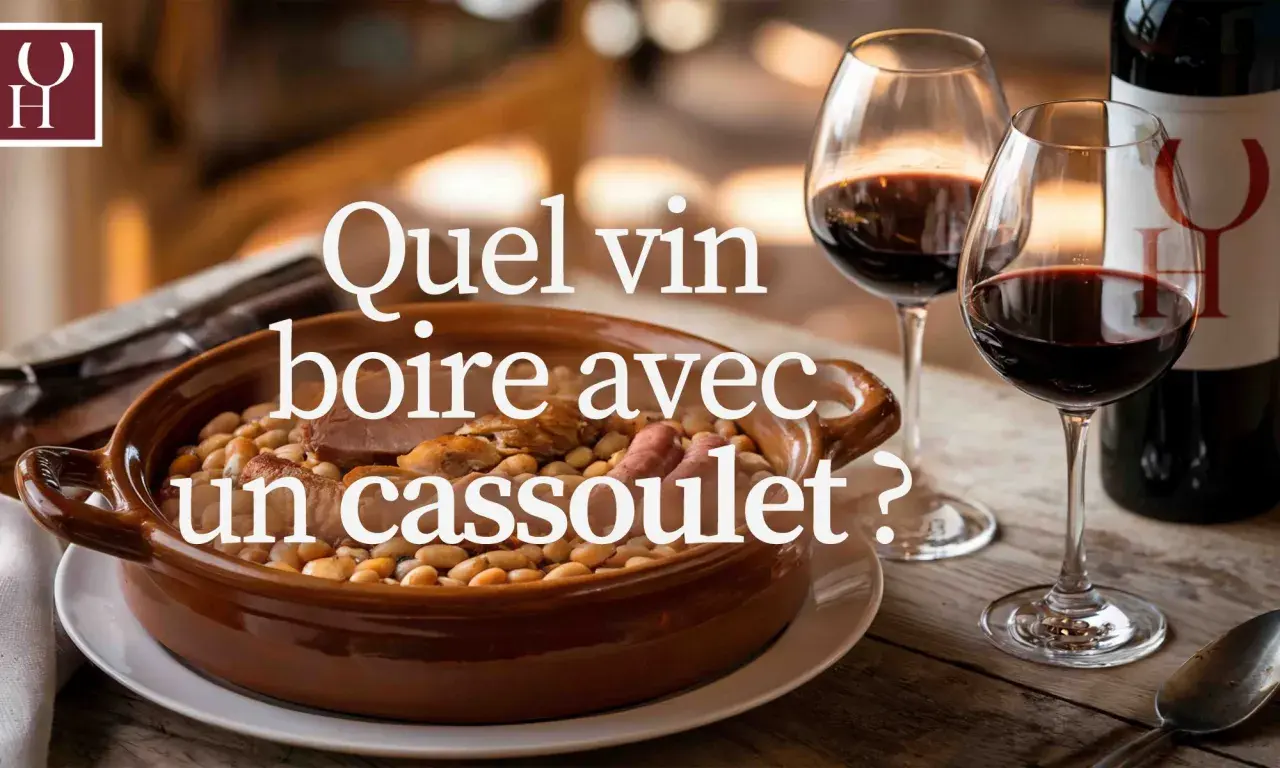Un plat de cassoulet fumant, deux verres de vin rouge et une bouteille. La question se pose : quel vin boire avec un cassoulet ?