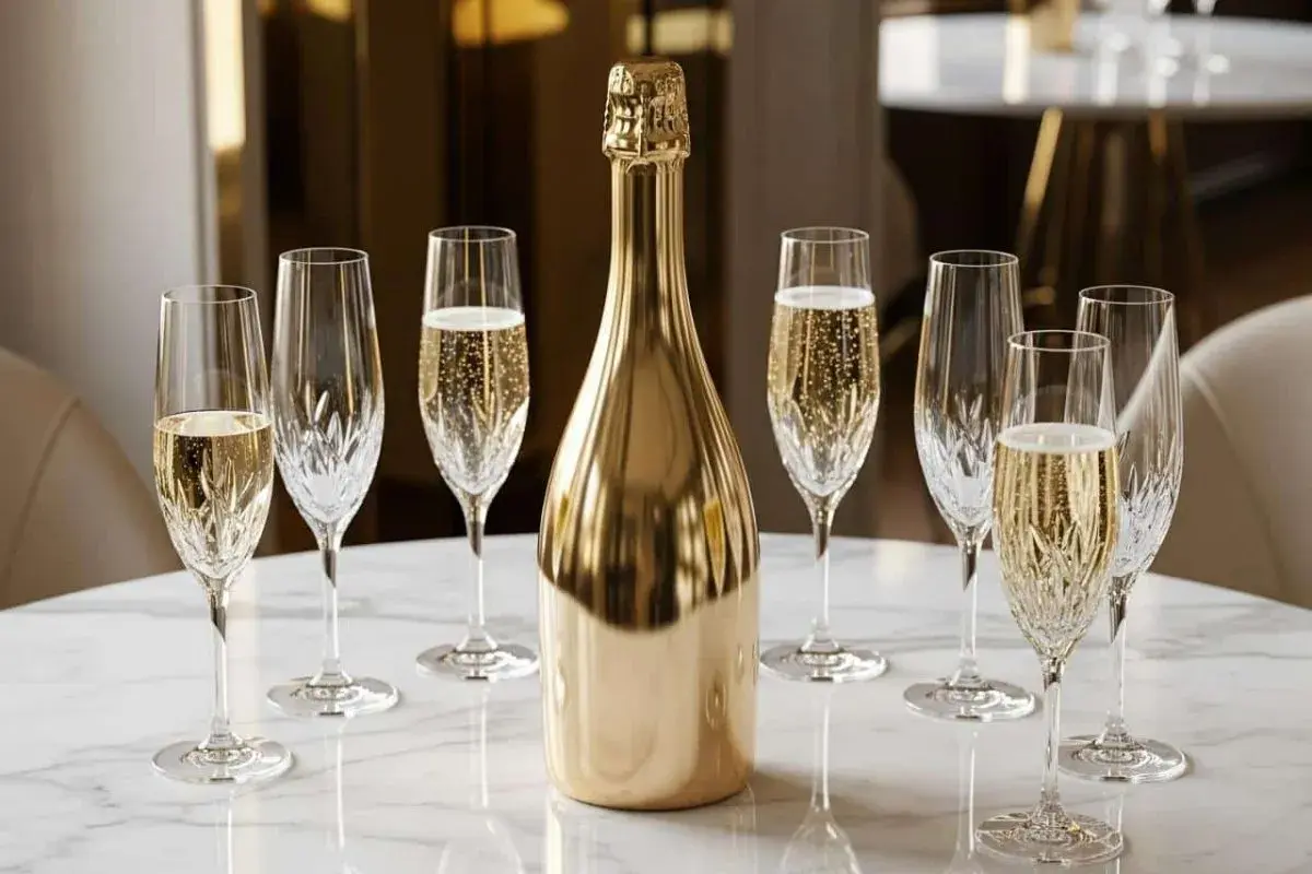 Une bouteille dorée de crémant entourée de verres pétillants. Combien de verre dans une bouteille de crémant ? 7 verres sont prêts à être remplis.