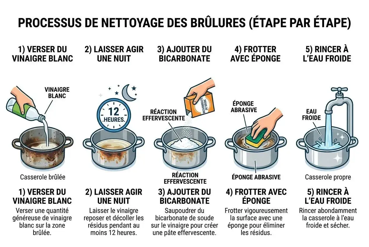 Nettoyer poêle tefal vinaigre blanc : étapes pour enlever les brûlures. Vinaigre blanc, laisser agir, bicarbonate, frotter, rincer.