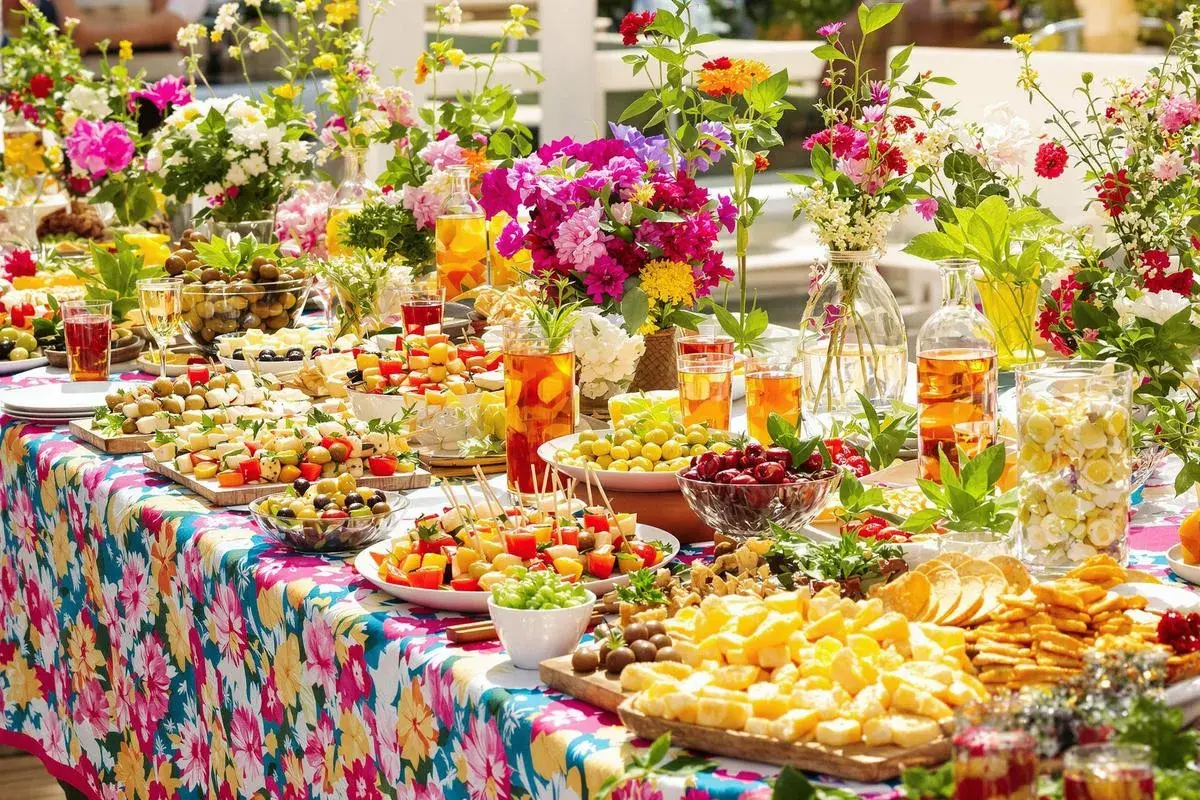 Un buffet coloré avec des brochettes, des fromages, des olives et des fruits, parfait pour une idée repas soirée entre jeunes.