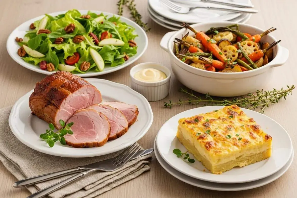 Un rôti de porc froid tranché, servi avec une salade verte croquante, des légumes rôtis et un gratin dauphinois. Parfait pour accompagner un rôti de porc froid.