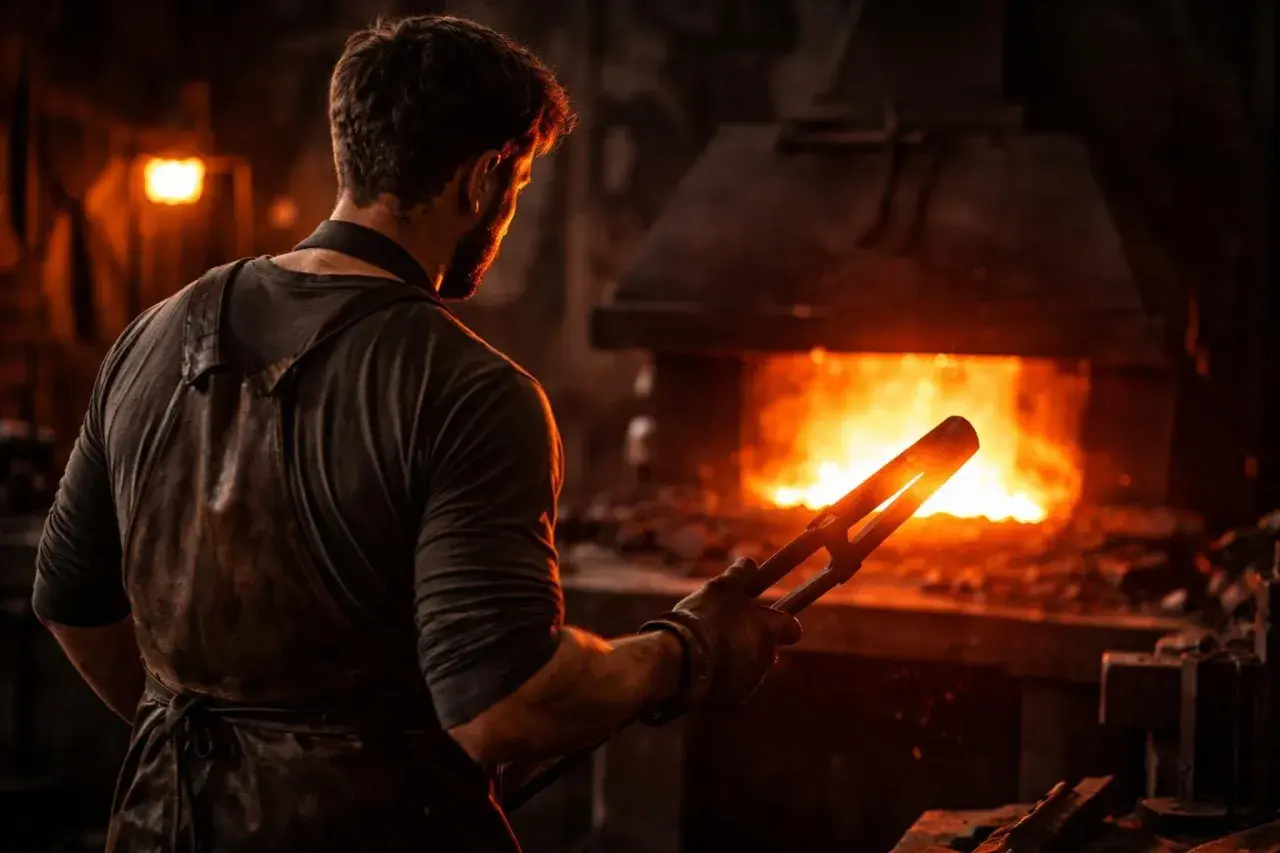 Forger au cœur des flammes, il manie la pince pour nettoyer l'acier noirci, prêt à le façonner.