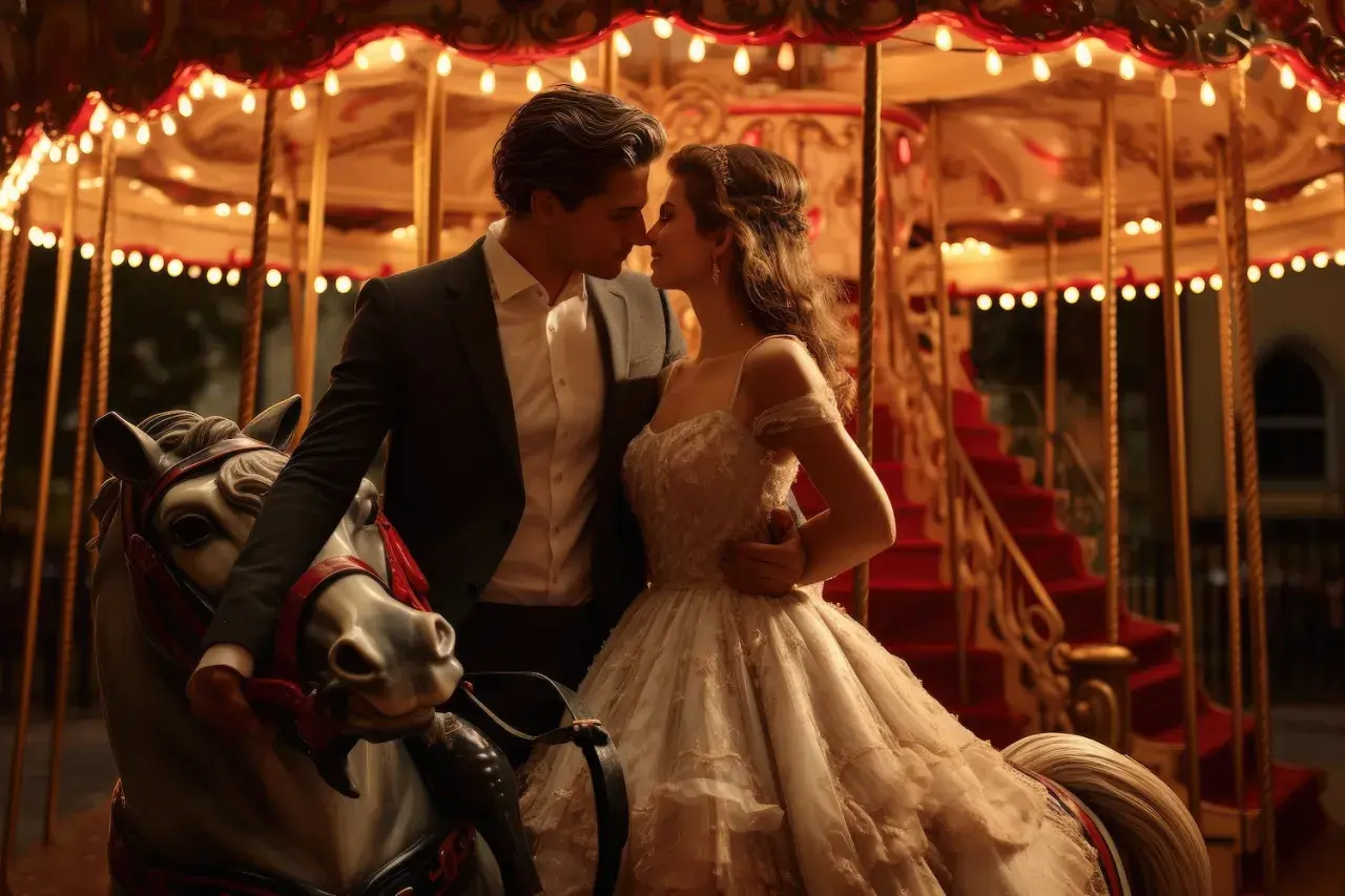 Un couple s'embrasse sur un manège de cirque illuminé, une scène romantique pour un mariage de rêve.