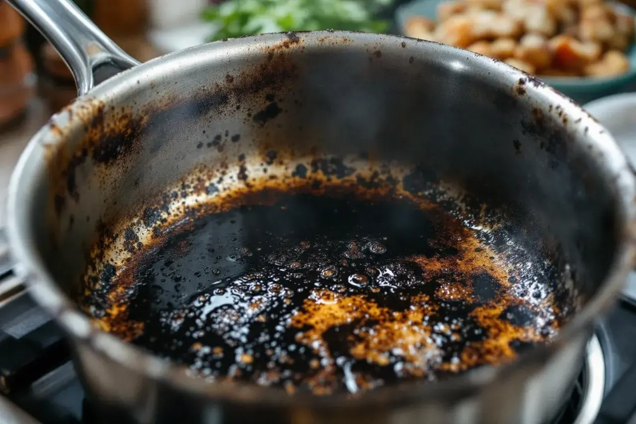 Fond de cocotte minute brûlée, témoin d'une recette qui a mal tourné. Les résidus noirs et caramélisés racontent une histoire de surchauffe.
