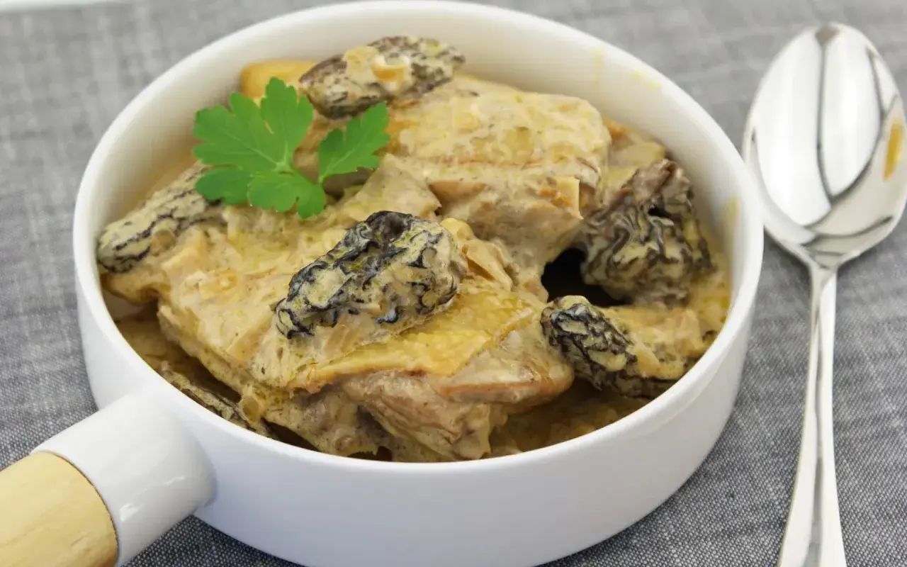 Un plat de poularde crémeuse aux morilles, garni de persil. Parfait pour savoir que servir avec une poularde au vin jaune.