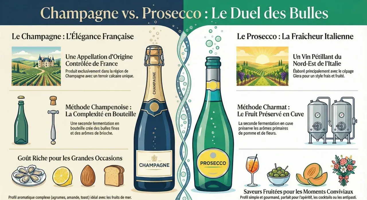 Champagne vs. Prosecco : duel de bulles. Le Champagne, élégance française, méthode champenoise. Le Prosecco, fraîcheur italienne, méthode Charmat.