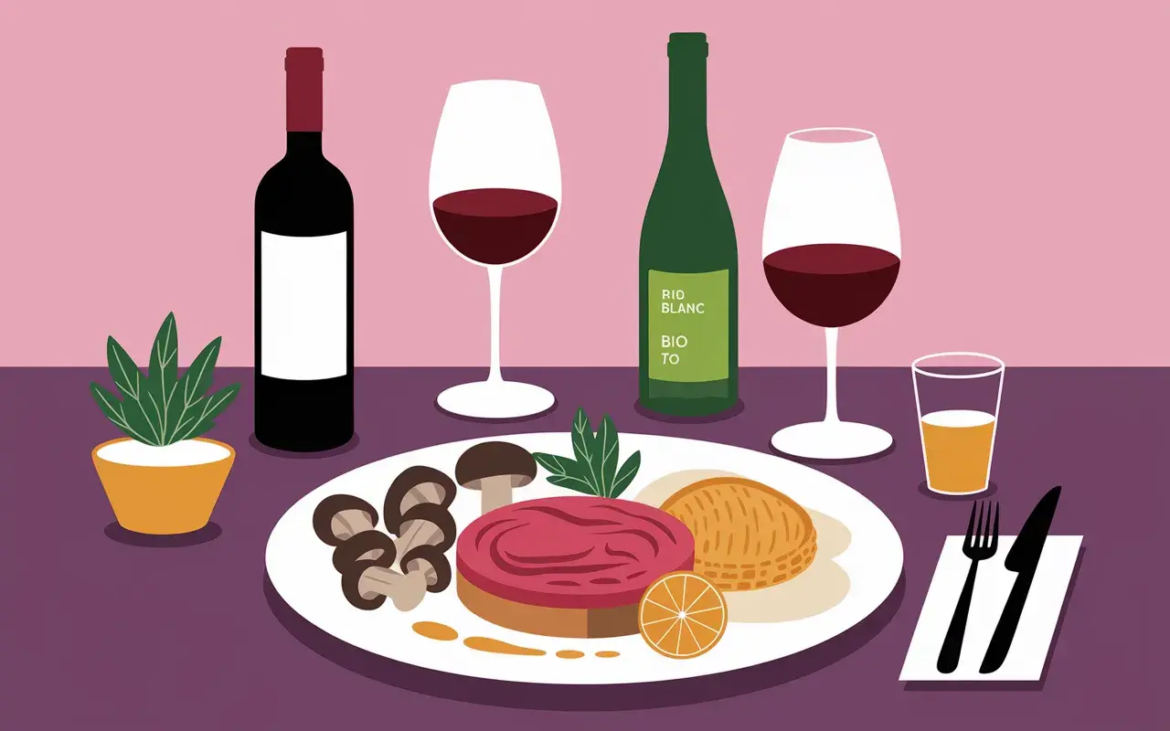 Un dîner élégant avec vin et pintade, accompagné de champignons, d'une tranche d'orange et d'une pâtisserie.