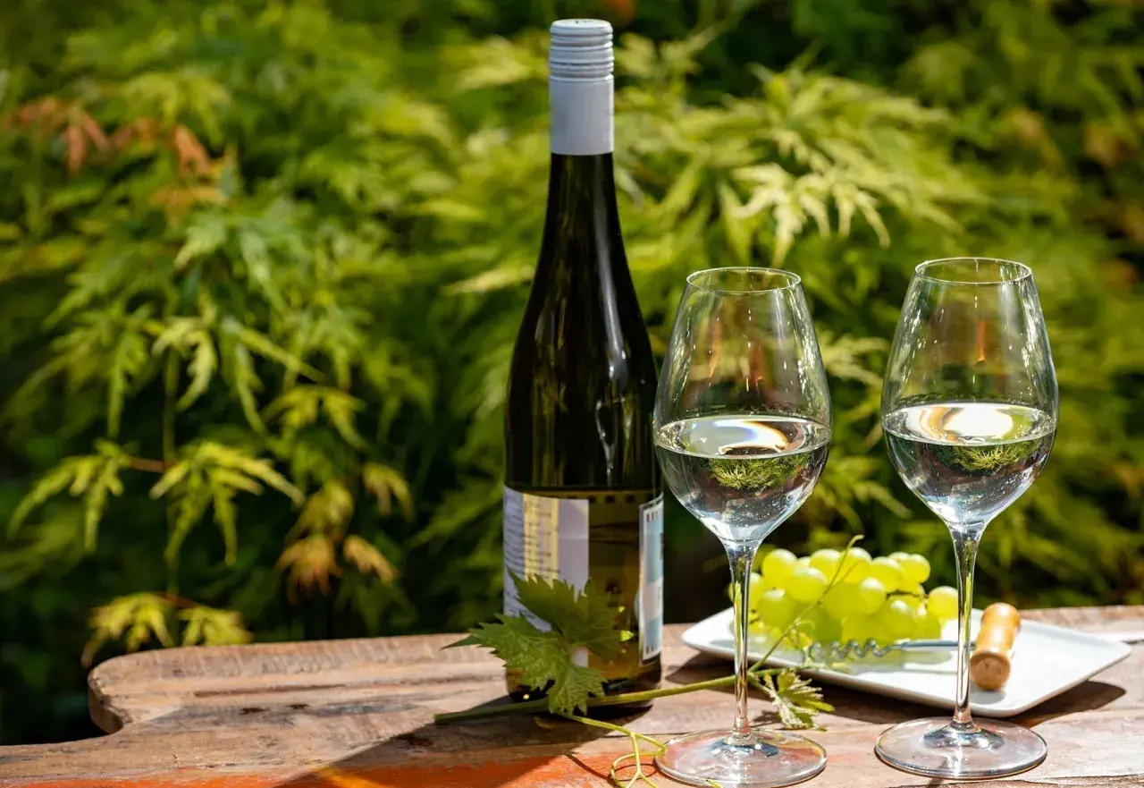 Bouteille de riesling avec deux verres, une grappe de raisin et un tire-bouchon sur une table en bois, dans un jardin verdoyant.