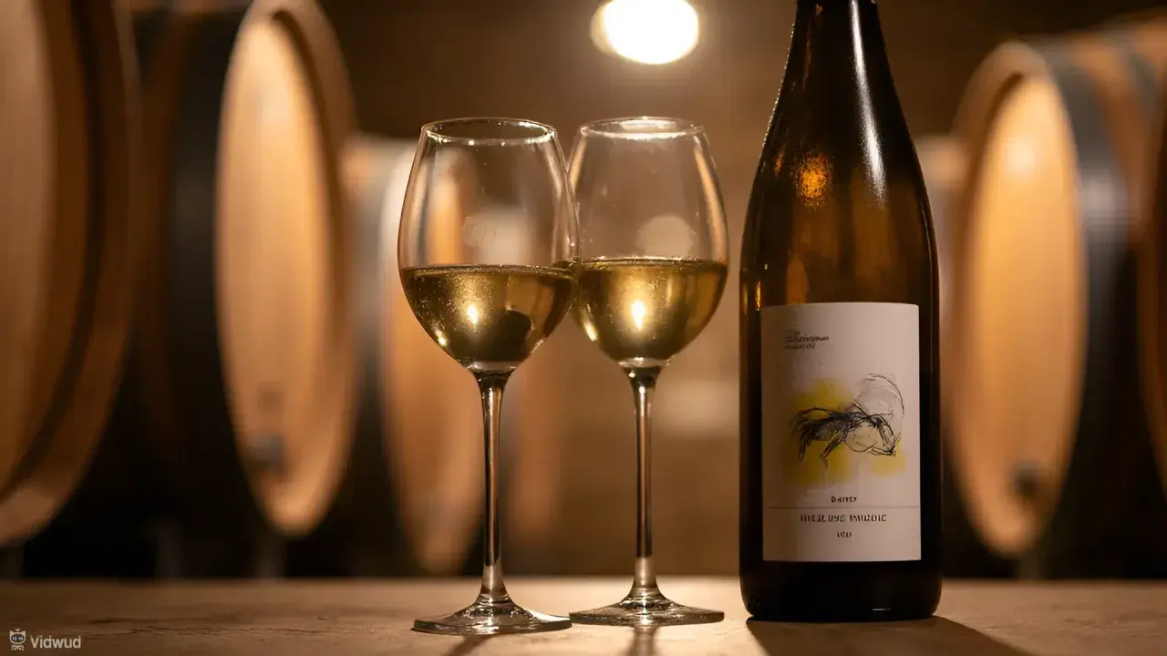 Deux verres de riesling alsace dorés, une bouteille et des fûts de chêne en arrière-plan, dans une cave à vin.