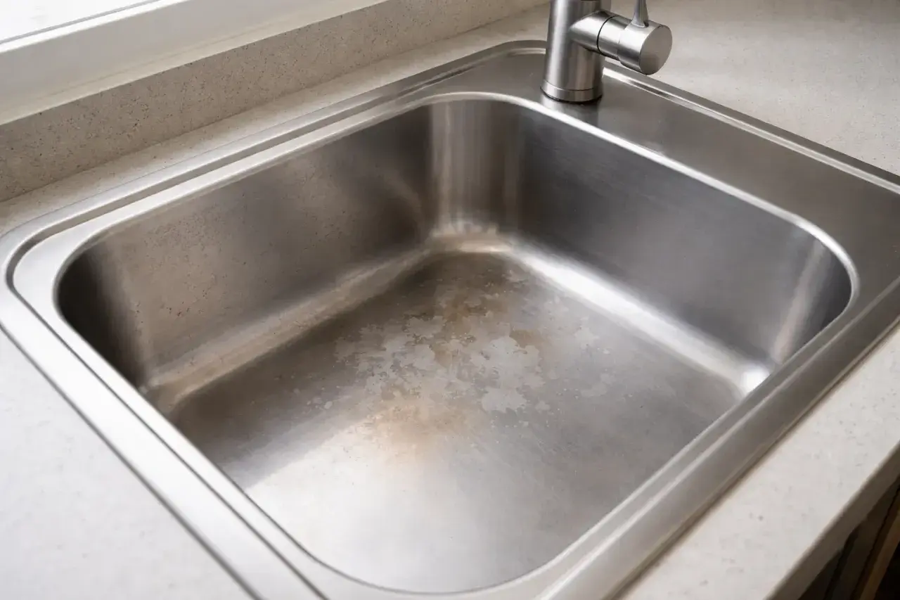 Éclaboussures de javel sur un évier en inox, laissant des marques blanchâtres et jaunâtres sur le métal.