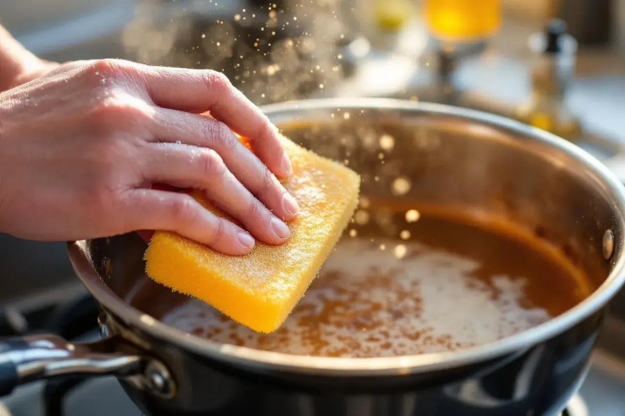 Main tenant une éponge jaune pour nettoyer une casserole avec du caramel collé. Astuce pour savoir comment enlever le caramel d'une casserole.