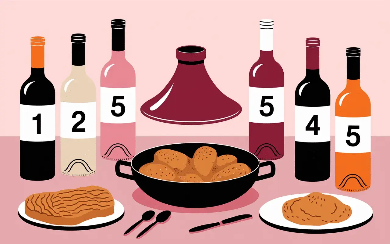 Bouteilles de vin numérotées et un plat de tajine poulet, prêt à être dégusté.