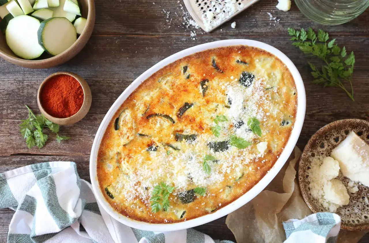 Un gratin de courgettes doré et gratiné, prêt à être dégusté. Quel accompagnement avec ce plat savoureux ?