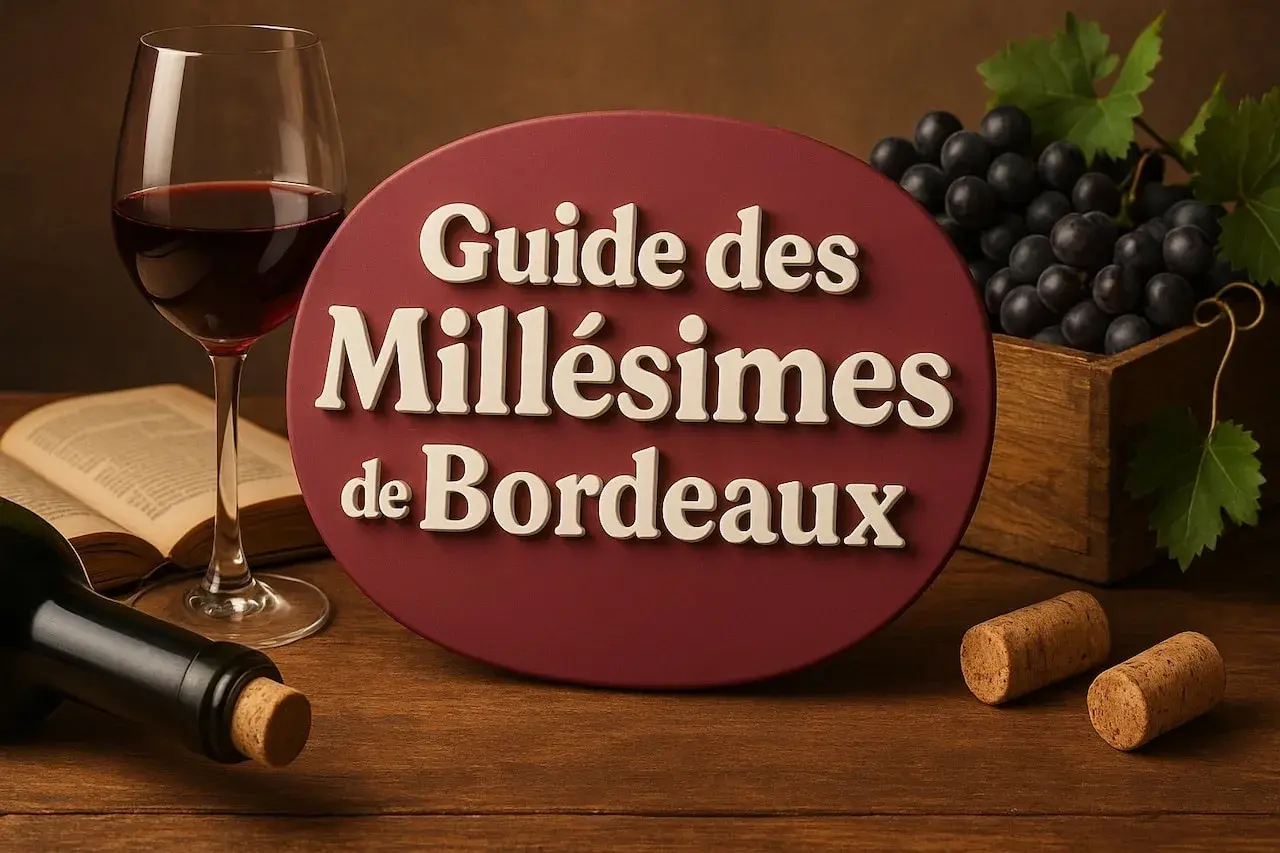 Guide des Millésimes de Bordeaux : un verre de vin rouge, une bouteille, un livre ouvert, des raisins noirs et des bouchons sur une table en bois.