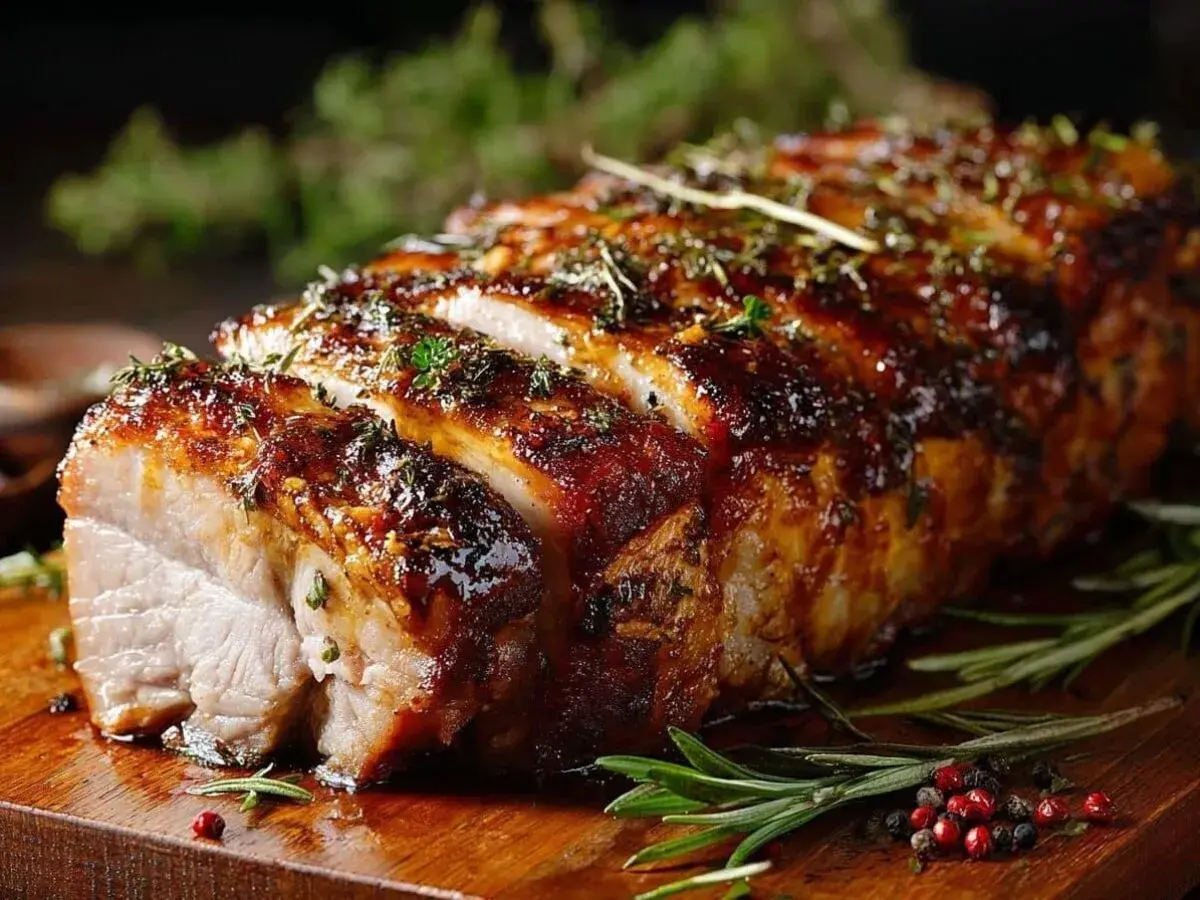 Un délicieux rôti de porc au vin blanc, laqué et parsemé d'herbes, prêt à être dégusté.