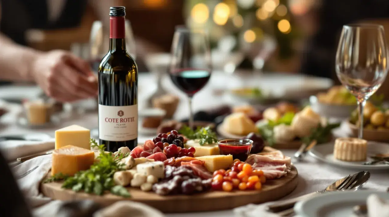 Bouteille de vin rouge Côte Rôtie, parfaite pour accompagner un buffet froid de fromages et charcuteries.