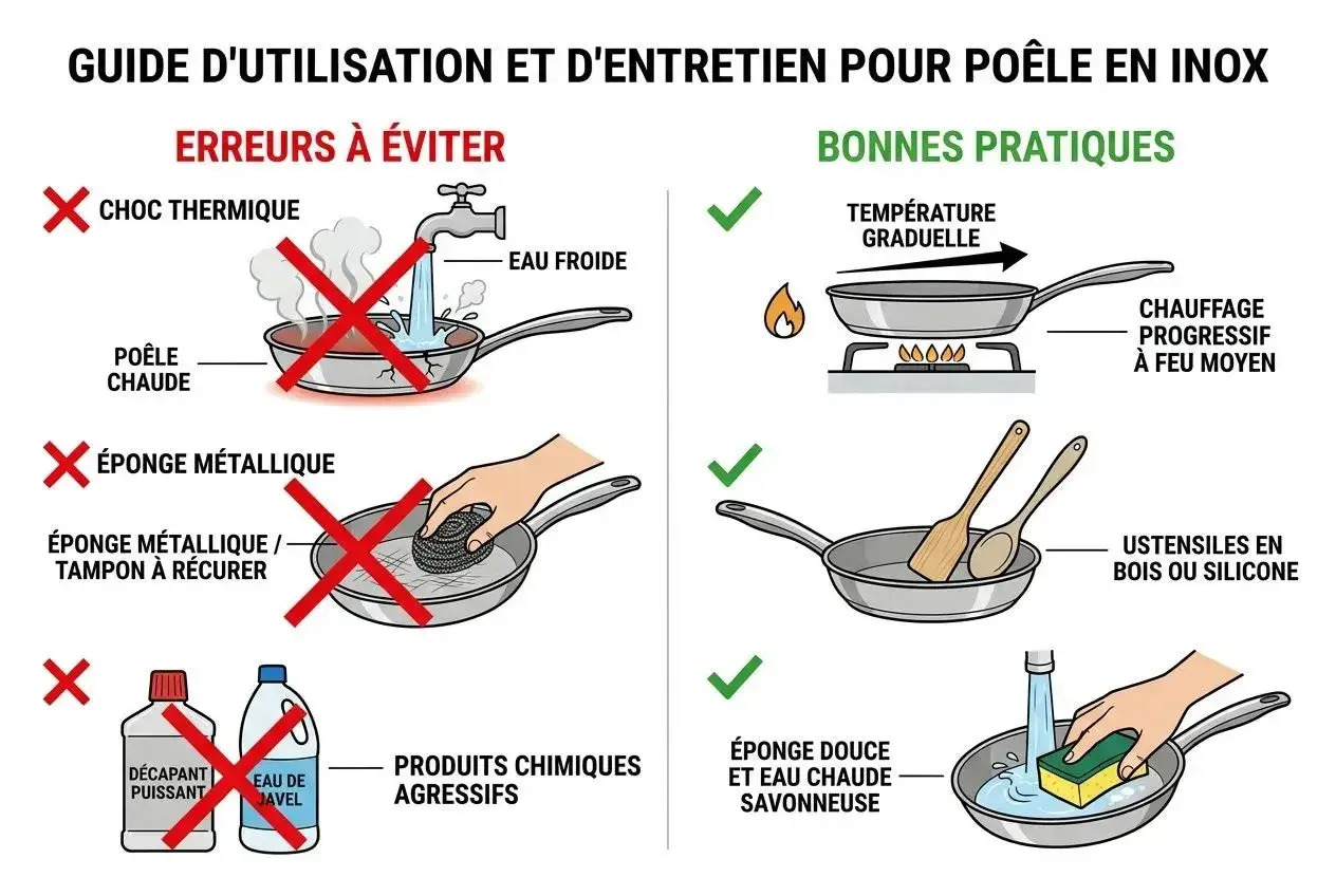 Guide pour faire briller inox : éviter chocs thermiques, éponges métalliques et produits agressifs. Privilégier chauffe progressive, ustensiles en bois/silicone et nettoyage doux.