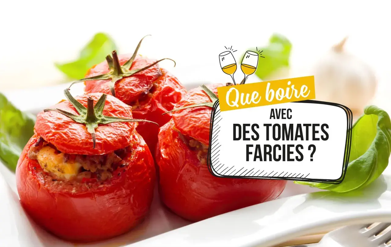 Quel vin avec tomates farcies ? Des tomates farcies appétissantes sur une assiette blanche, prêtes à être dégustées avec le bon vin.