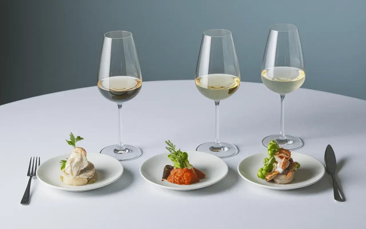Trois bouchées à la reine, accompagnées de trois verres de vin blanc. Un accord parfait pour un repas royal.