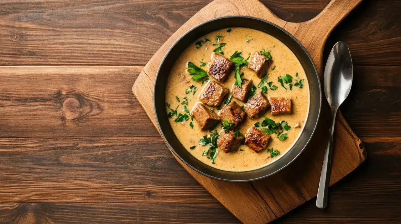 Un plat réconfortant de vin avec tête de veau, garni de persil frais, servi dans un bol sur une planche en bois.