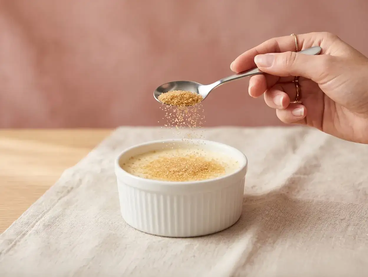Une cuillère saupoudre du sucre roux sur une crème dessert. Le caramel brûlé toxique attend son heure.